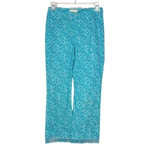 Cache Vintage Woman’s Blue Floral Zip Front Beaded Fringe CapriPants Sz 4